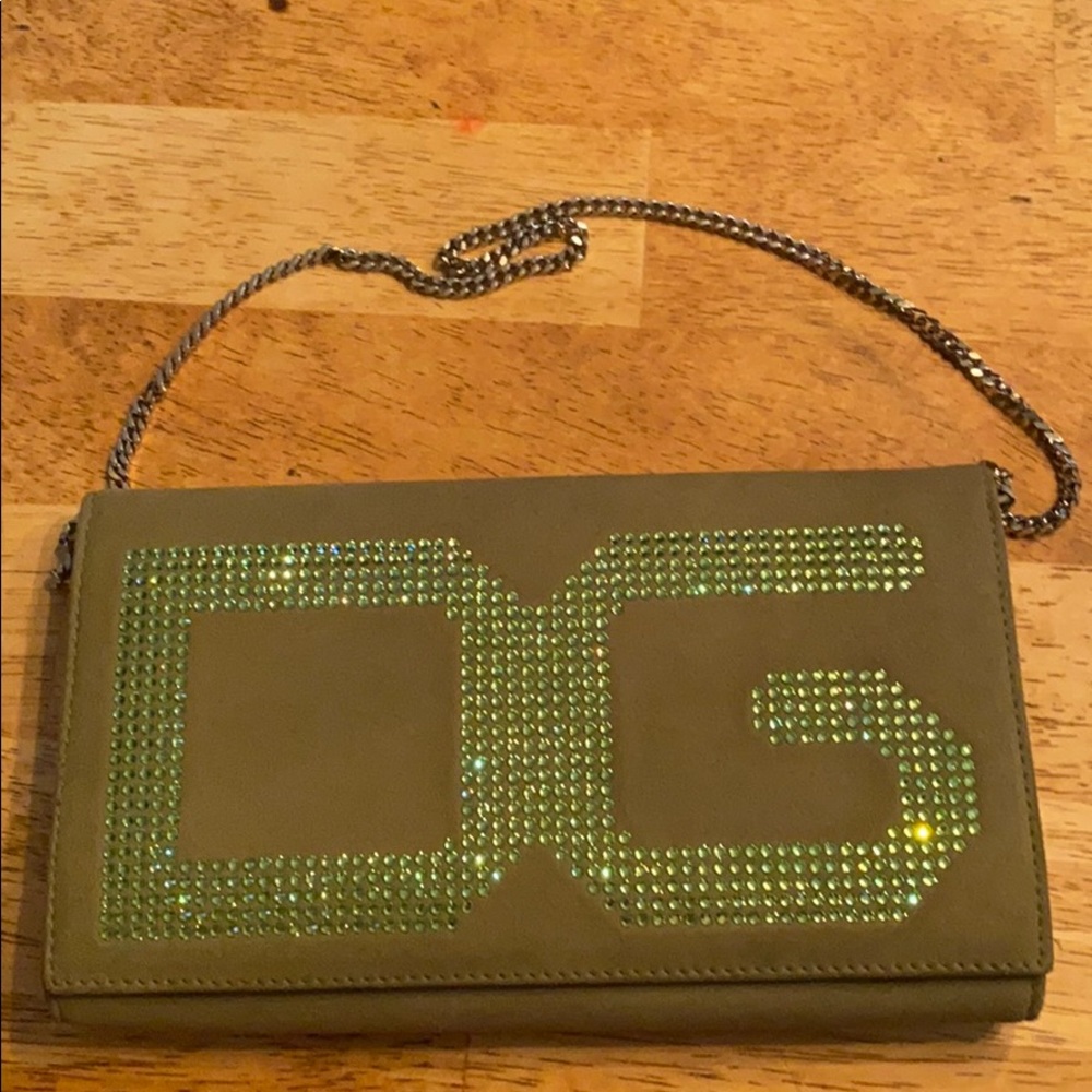Dolce and Gabbana green suede crystal clutch purse